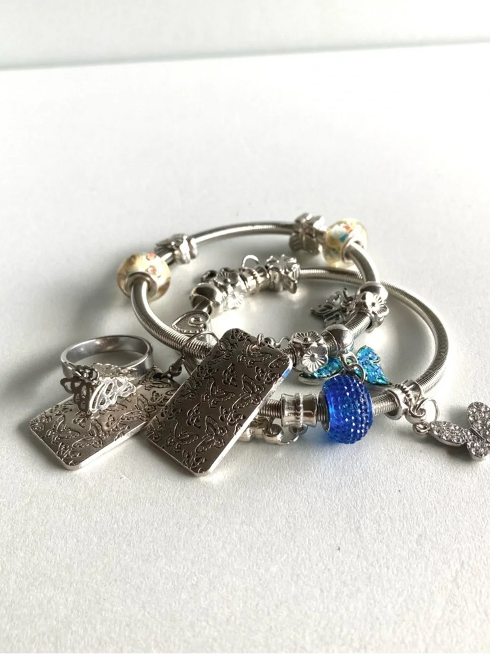 Silver tone Charm Bracelet ring earring Butterfly bundle